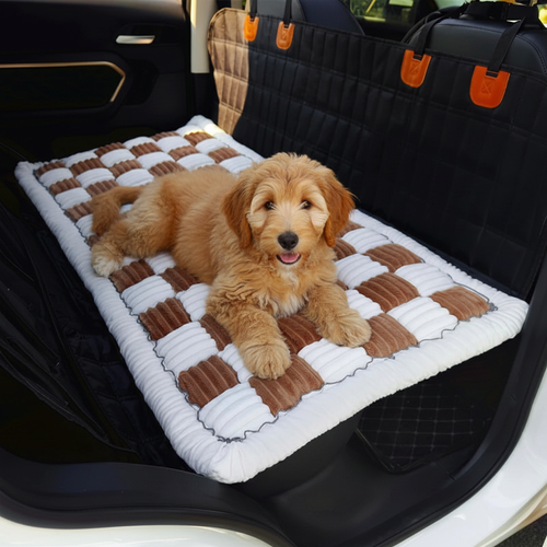 Fluffy dog on checkered pet mat in SUV