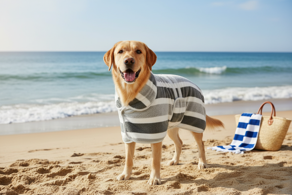 Pawtable Paws Quick-Dry Striped Pet Bath Robe - Beach Setting